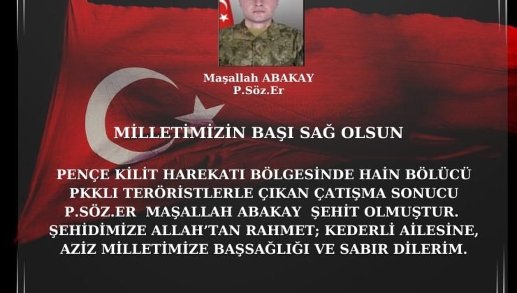 Vali Aksoy’dan şehit Piyade Sözleşmeli Er Maşallah Abakay için taziye mesajı
