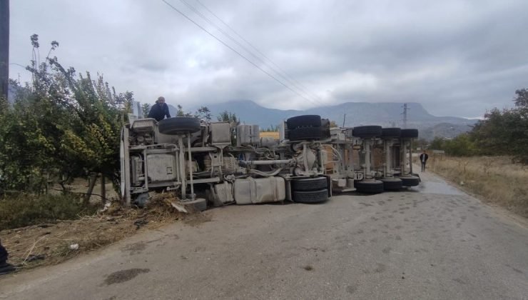 Bilecik’te virajı alamayan kamyon devrilirken, sürücüsü yaralandı