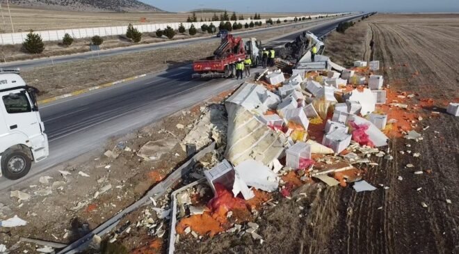 Devrilen tırda 27 ton havuç ziyan oldu