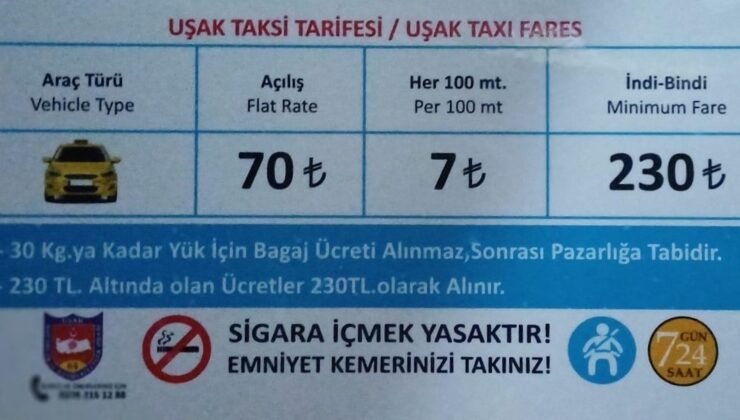 Uşak’ta taksi indi-bindi ücreti 230 TL oldu