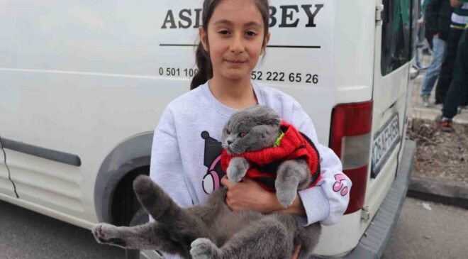 Kedisiyle stadyuma gelen minik taraftar bu sefer de Bursaspor’un yanında