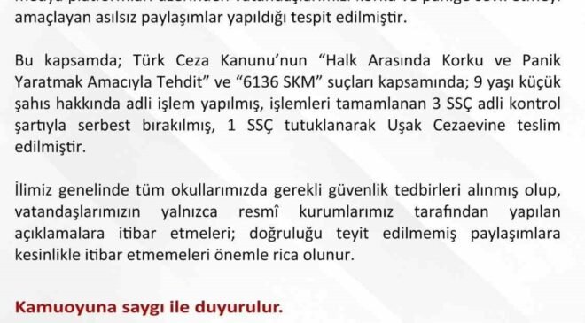 Uşak’ta asılsız paylaşımlara yönelik 1 şüpheli tutuklandı