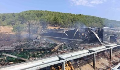 Uşak’ta bariyere çarpan alkol yüklü tır alev aldı